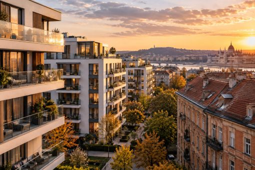 Új és régebbi budapesti lakóépületek naplementében, a háttérben a Dunával és a Parlamenttel – AI illusztráció