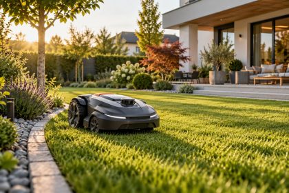 Robotfűnyíró egy modern családi ház rendezett, zöld kertjében, esti napfényben – AI illusztráció